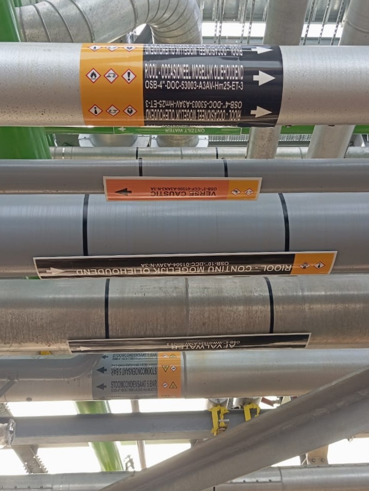 Heavy-duty ASA plate pipe markers with curved carrier for harsh industrial environments