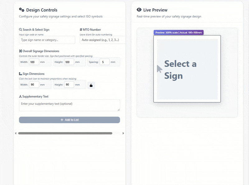 Interactive ISO safety sign generator tool with real-time customization and multilingual text options