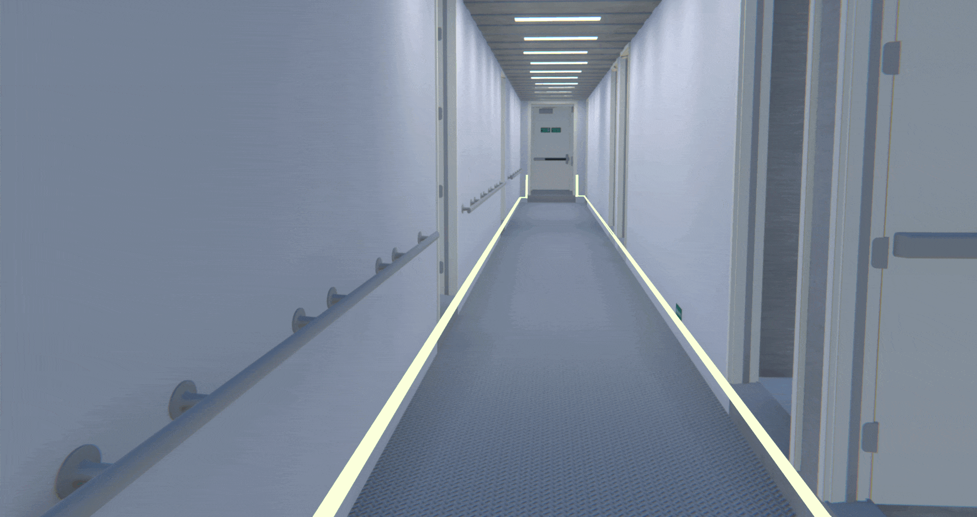 Photoluminescent 200 mcd/m² safety signs charging from ambient light and glowing in darkness demonstration