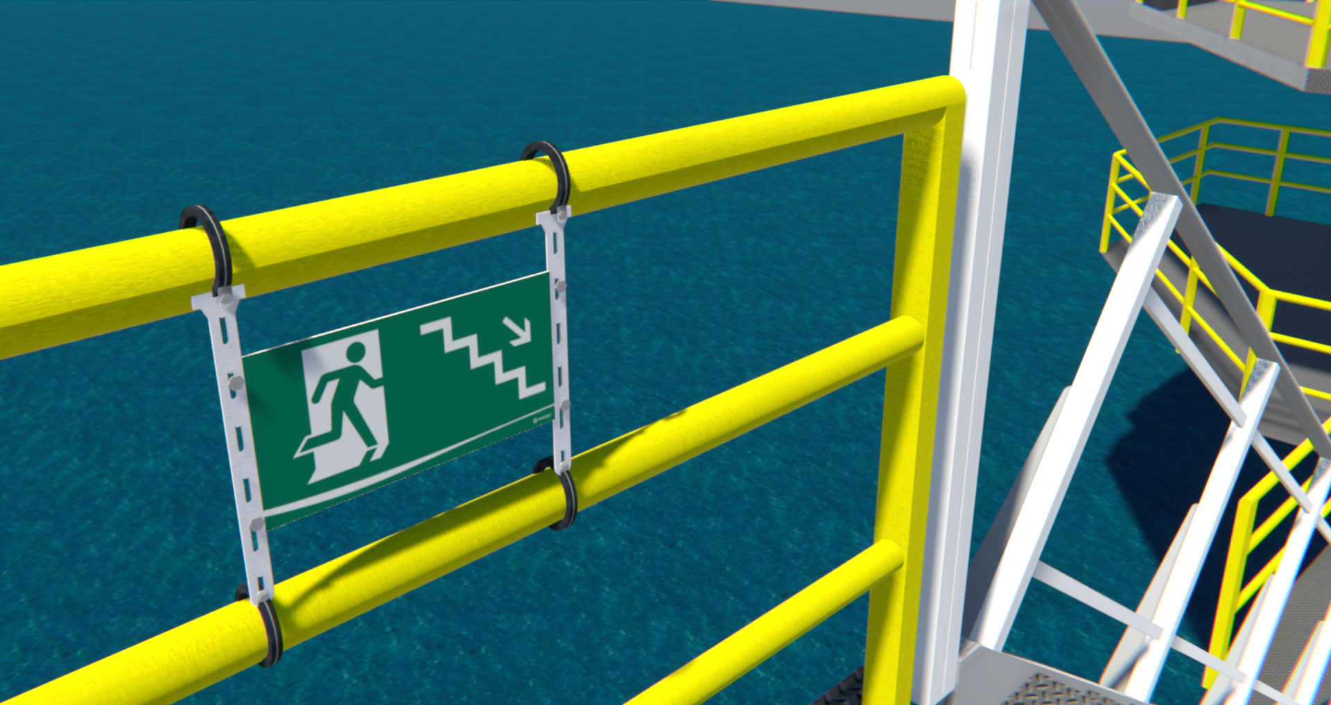 Stainless steel bracket mounting system for safety signs installed between railings on platforms and walkways